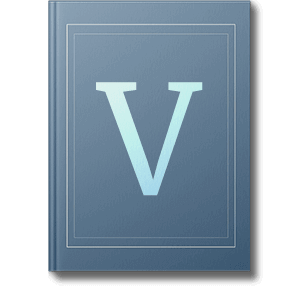 Blue book with the letter V